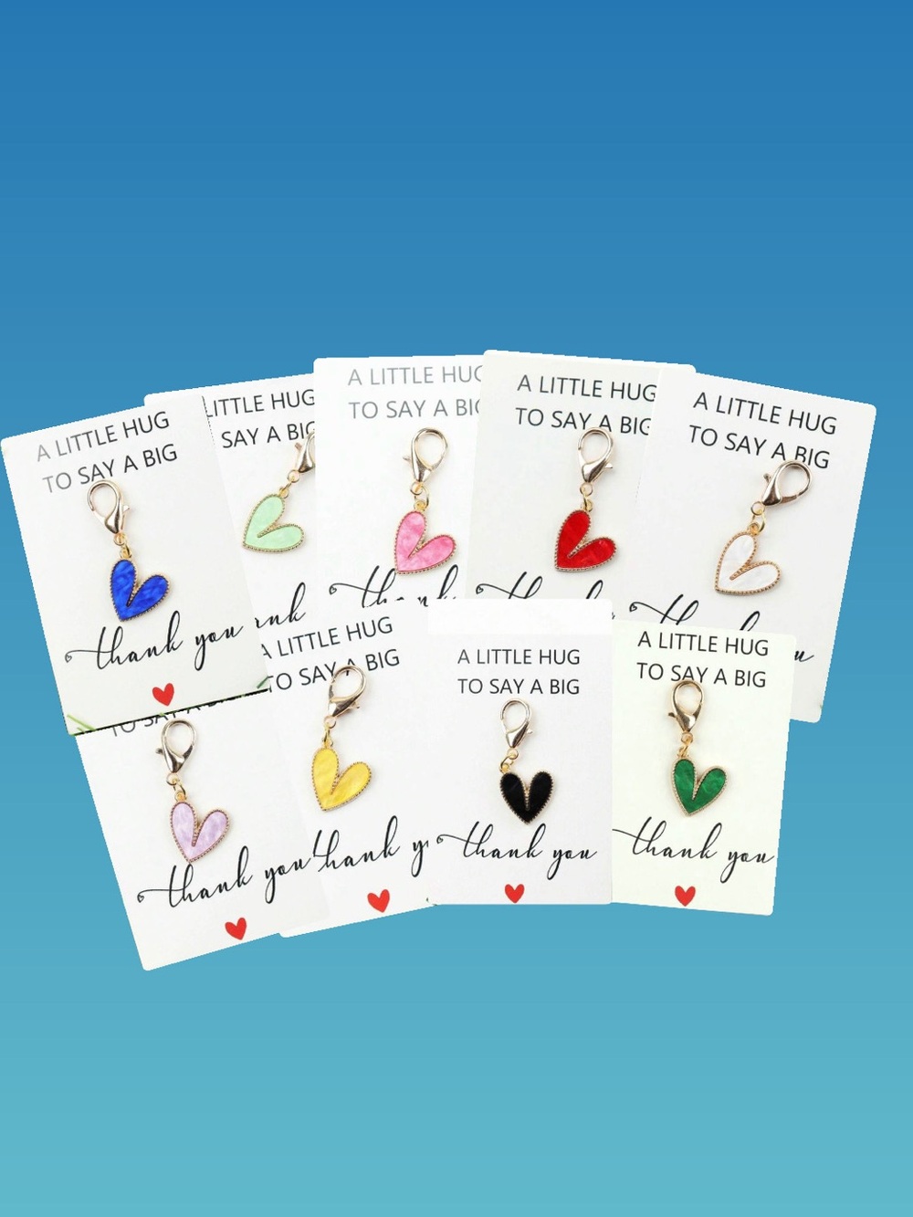 Set of 9: Assorted Alloy Heart Shaped Key Charms with Card set. Total 18 Pieces.